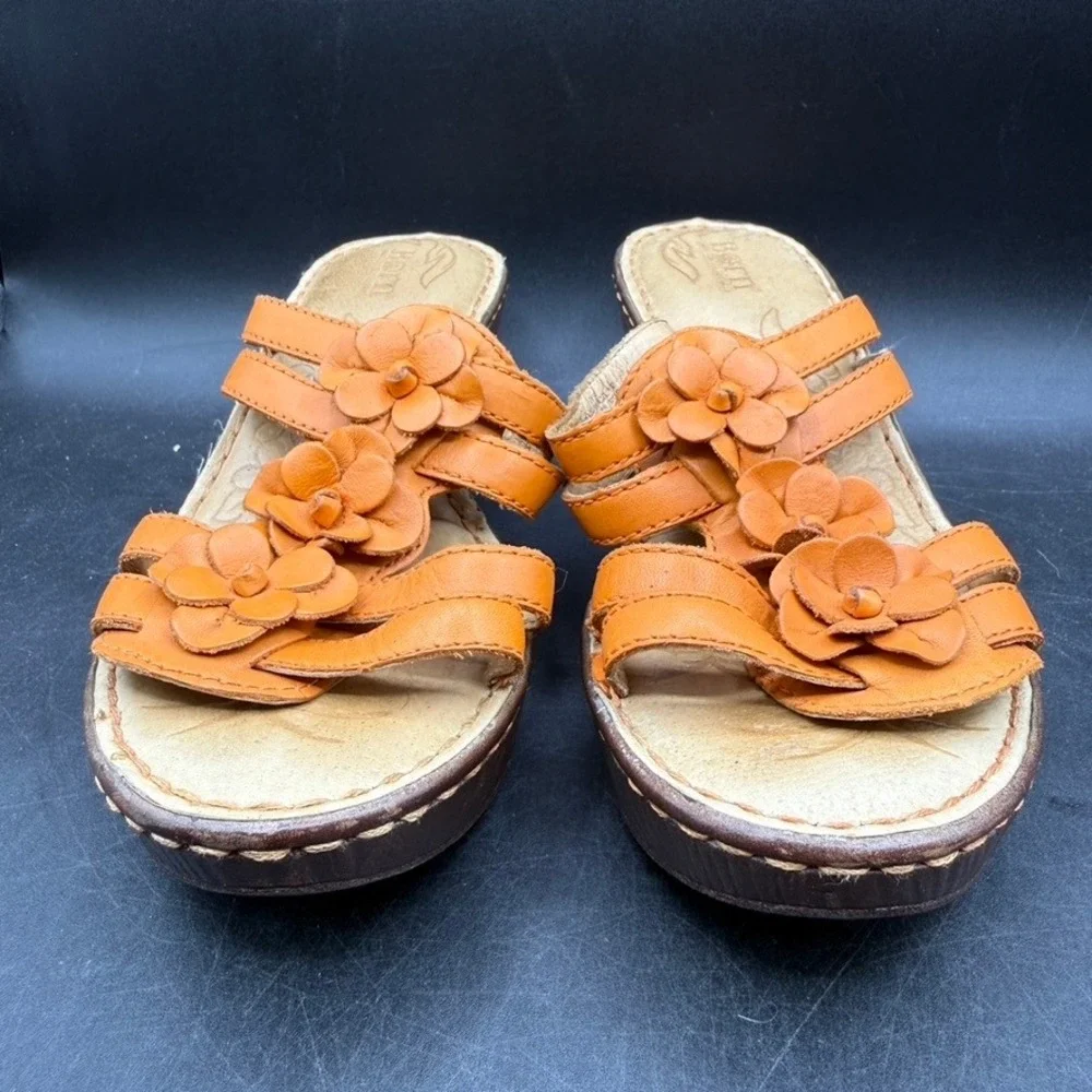 Born Flower Wedge Sandals Womens 8 Orange Leather Strappy Boho